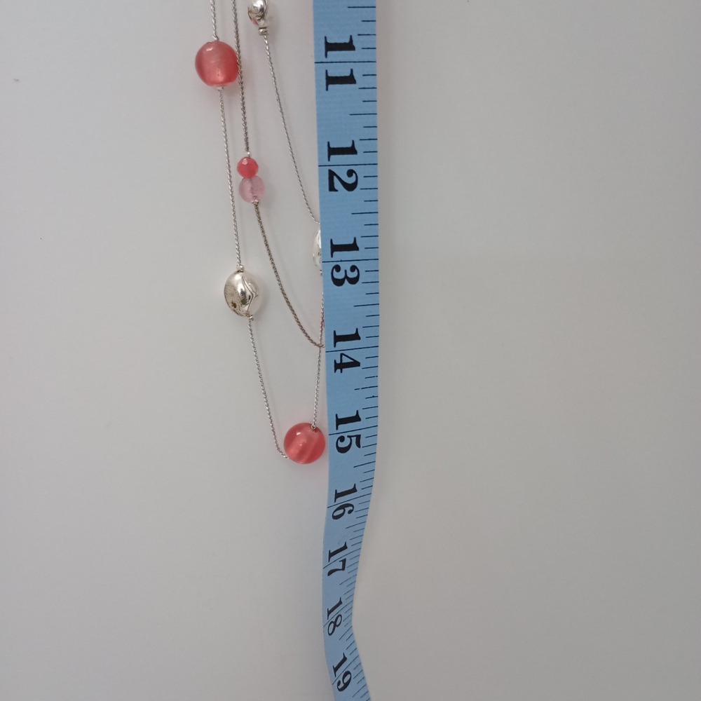 Long Layered  Silver Tone Station Necklace Pink Coral Beads Stamped NWT - Picture 4 of 6